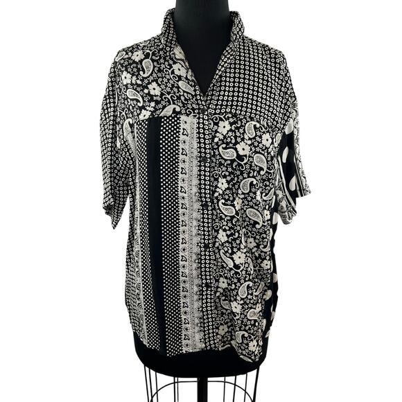 VTG SPORTIQUE Black White Mixed Print Short Sleeve Button Down Shirt Size S NEW - Picture 1 of 6